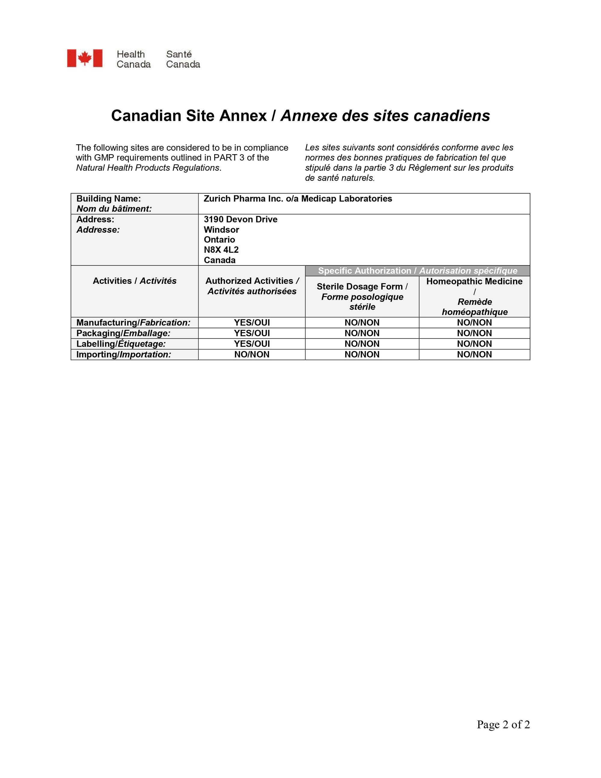 Canadian Site Annex for medicap laboratories