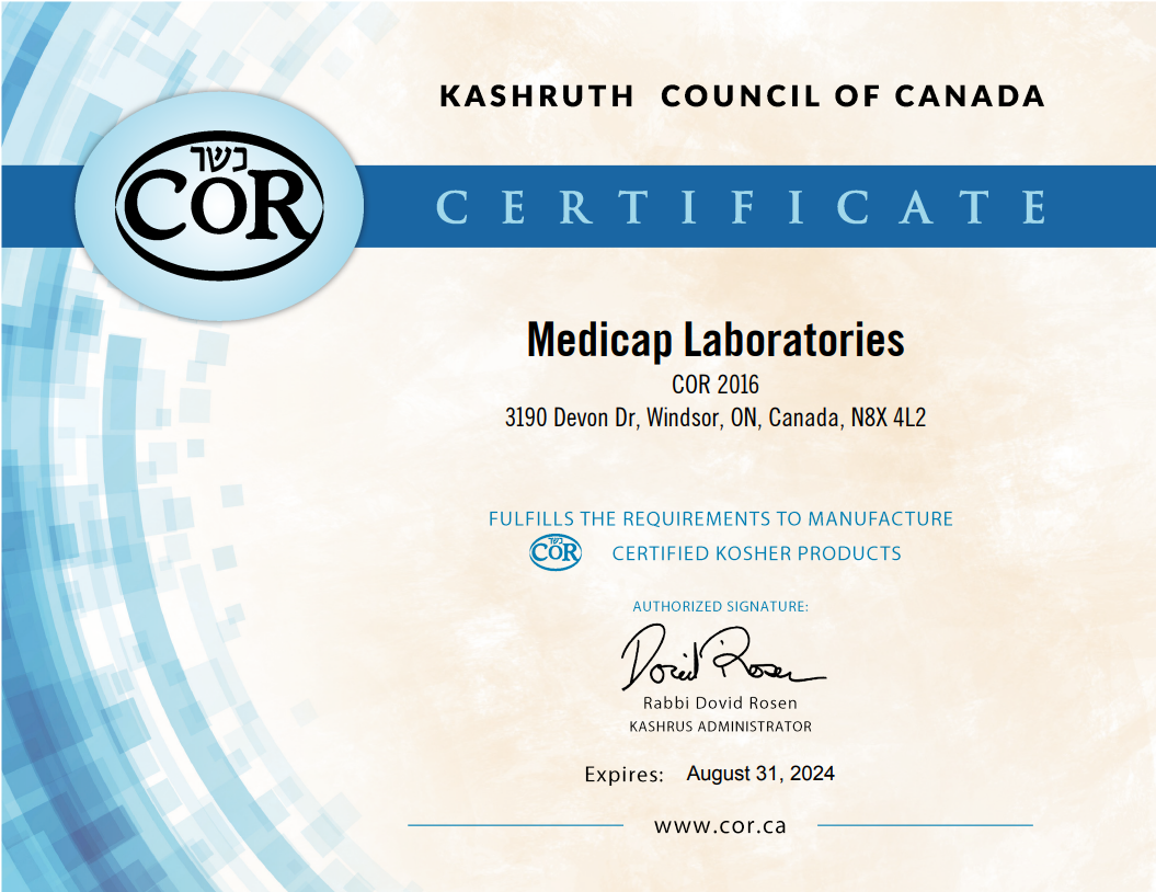 Medicap is  Kosher certified Laboratory. Come check out our website for your nutraceutical contract manufacturing needs.