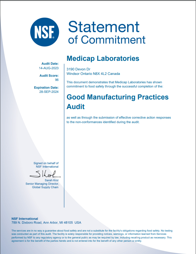 NSF Certificate for medicap laboratories
